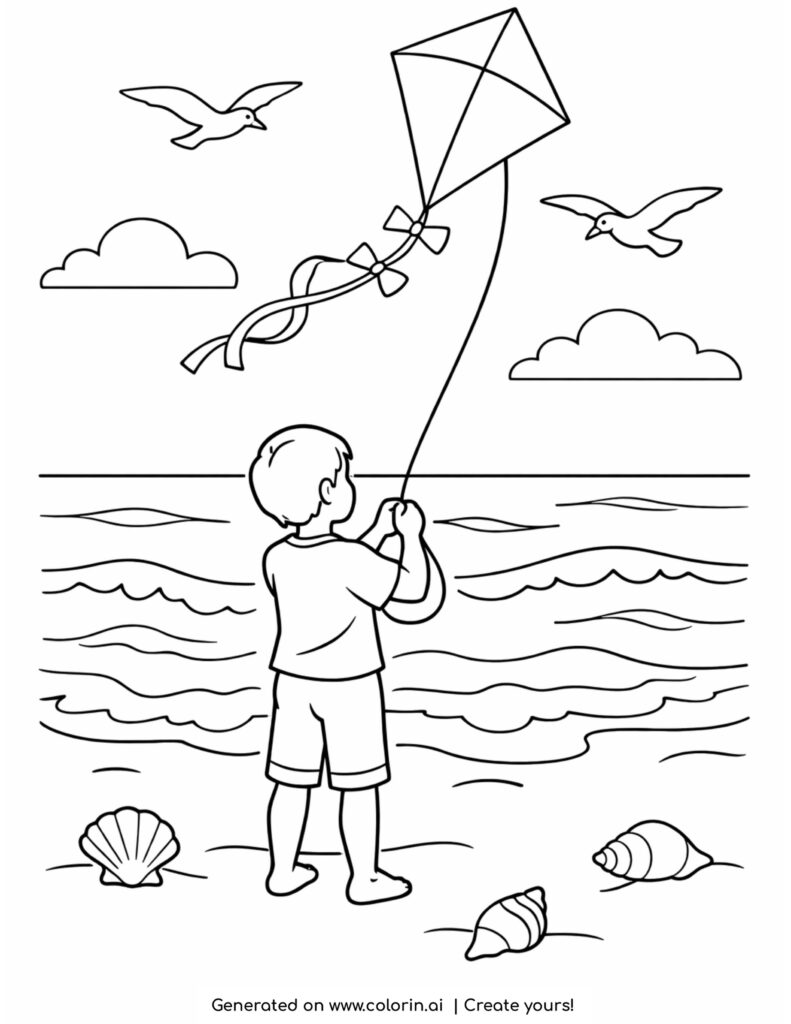 child flying kite by ocean coloring page with birds waves and seashells