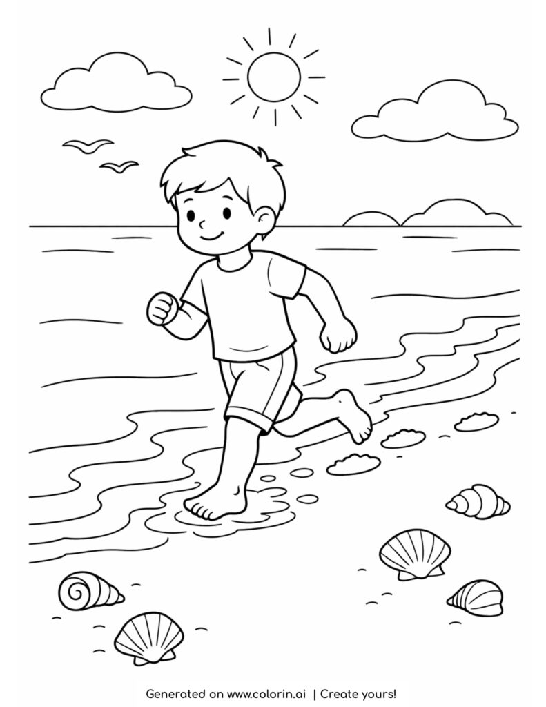 child running by shoreline coloring page with waves footprints and seashells
