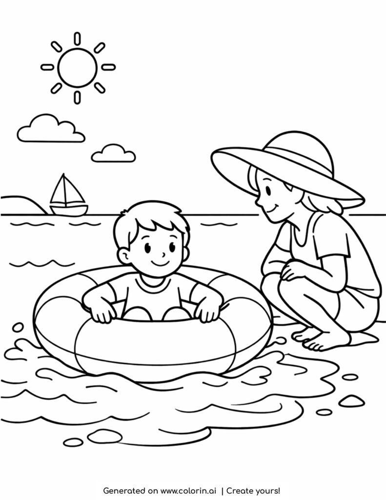 child sitting in float with adult coloring page by the beach with waves and sun