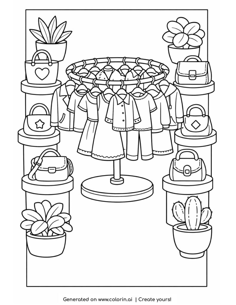circular clothing rack with bags and plants coloring page with outfits and accessories
