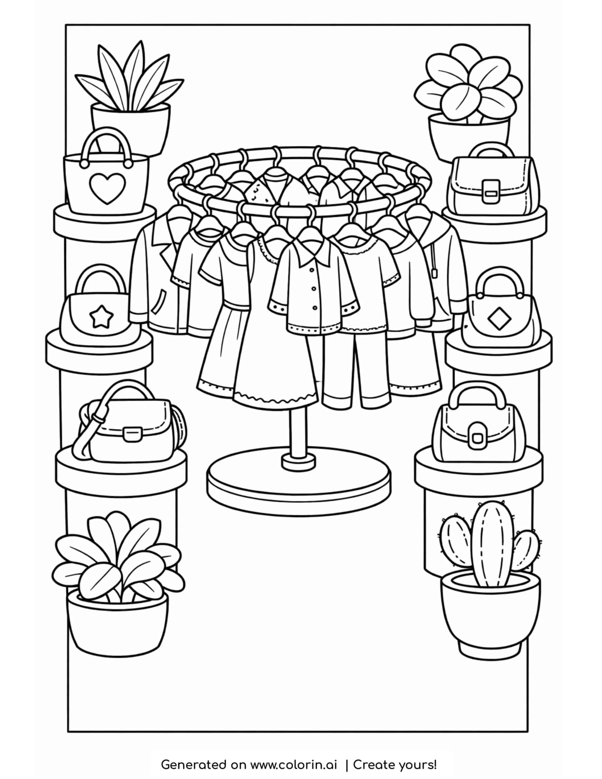 circular clothing rack with bags and plants coloring page | Printable