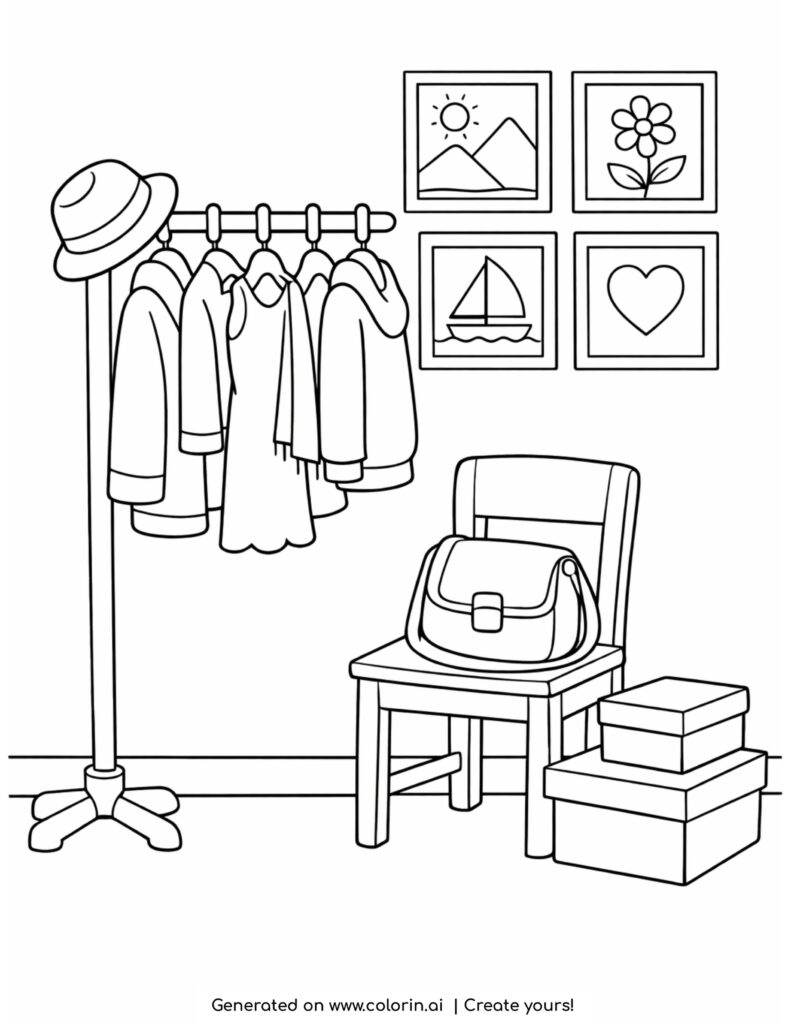 clothing rack with chair and wall art coloring page with bags boxes and framed pictures