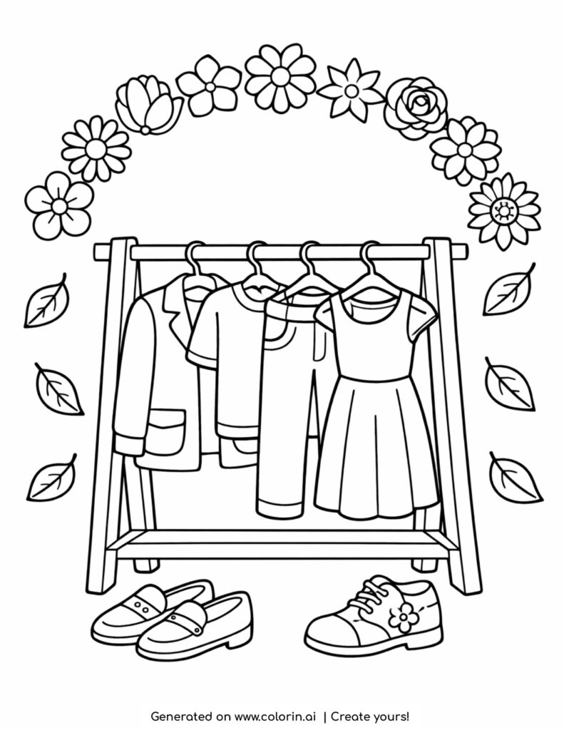 clothing rack with outfits floral arch and shoes coloring page