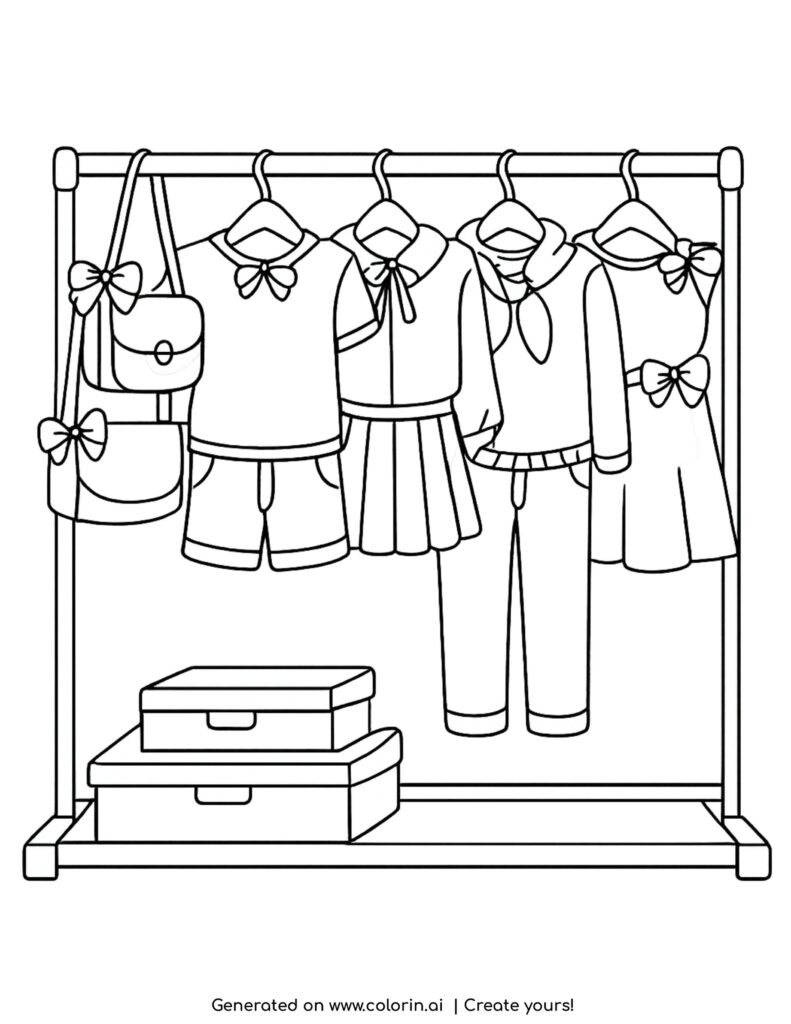 clothing rack with outfits and bags coloring page with hanging clothes and storage boxes