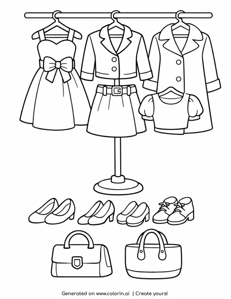clothing rack with outfits and shoes coloring page with dresses jackets and accessories