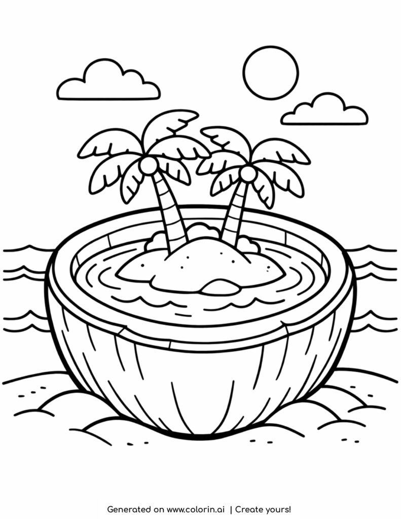 coconut with island inside coloring page with palm trees and ocean waves