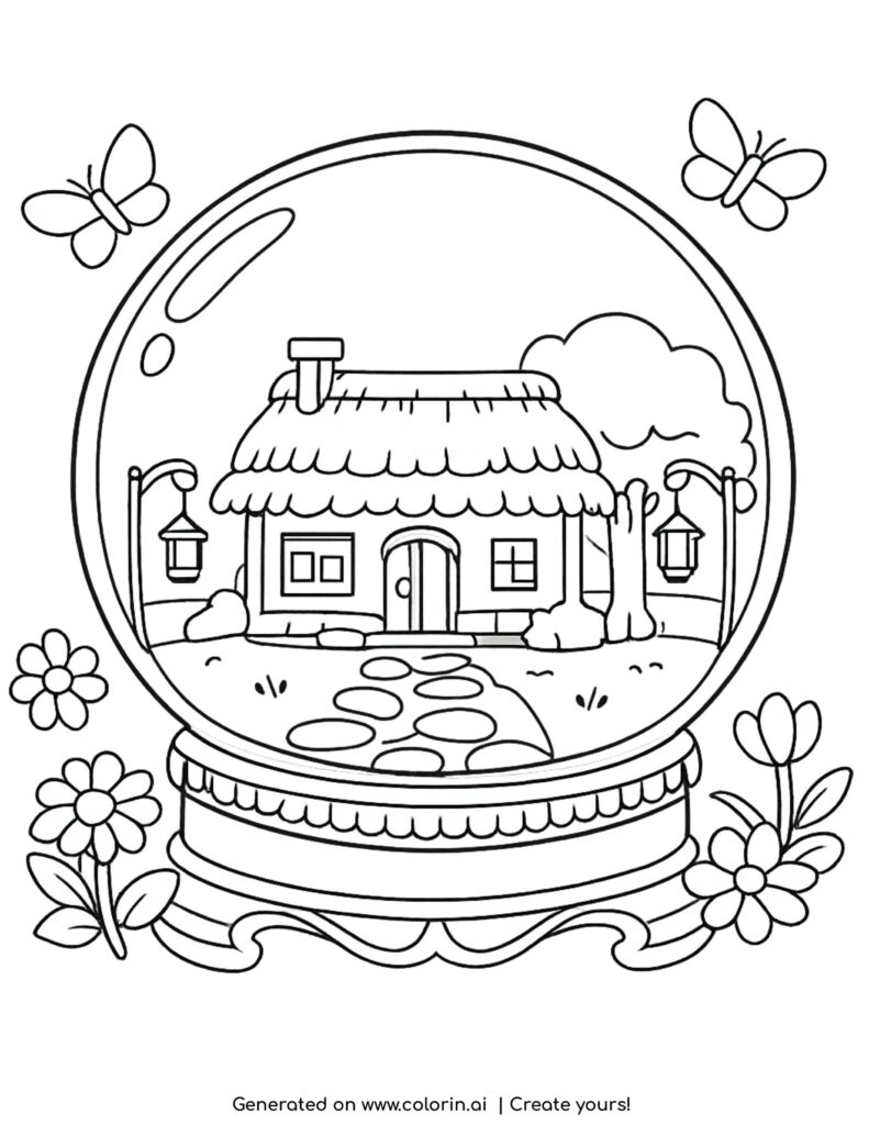 cottage inside a snow globe coloring page with flowers butterflies and a cozy house