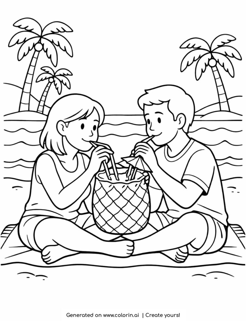 couple drinking from pineapple on beach coloring page with tropical drink and palm trees coloring page