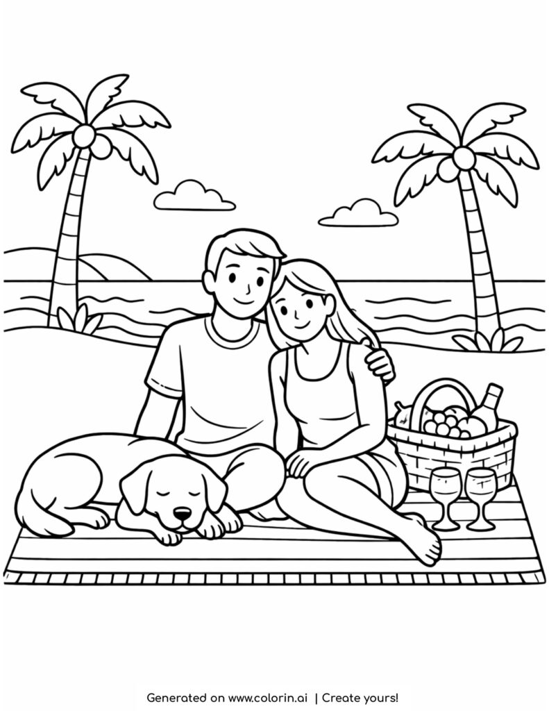 couple picnic with dog on beach coloring page with palms and ocean scene