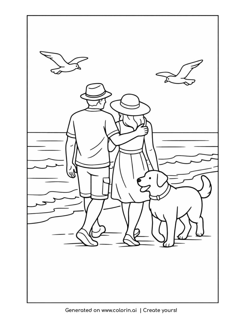 couple walking dog on beach coloring page with seagulls flying over the ocean coloring page