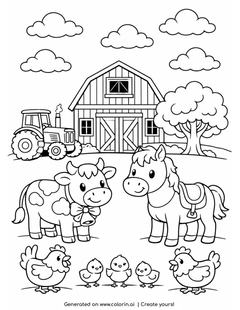cow and horse in farmyard with chicks coloring page with barn and tractor