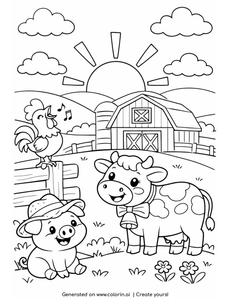 cow and pig at sunrise farm coloring page with barn rooster and sun