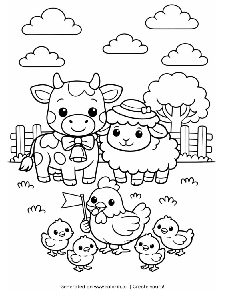 cow and sheep with chicken and chicks cute farm animals scene coloring page