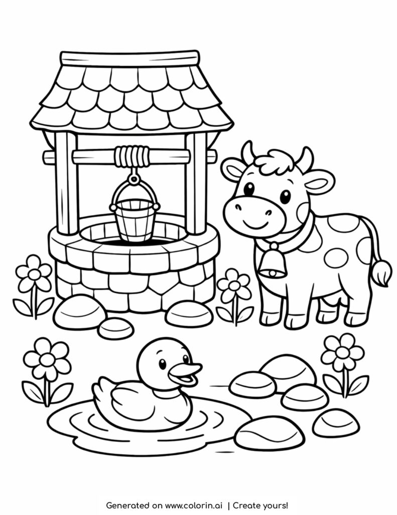 cow by water well with duck coloring page with flowers and stones
