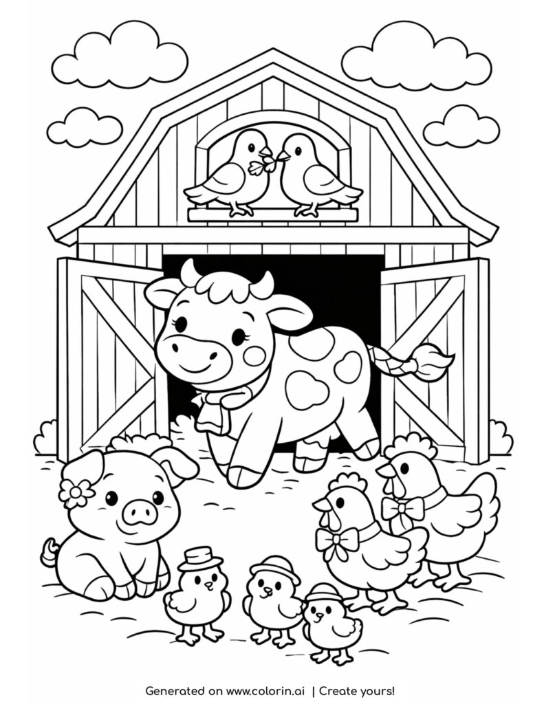 horse tied to fence with sheep and chicken farm scene coloring page