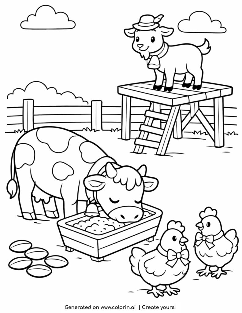 cow eating from feeder with goat and chickens farm scene coloring page