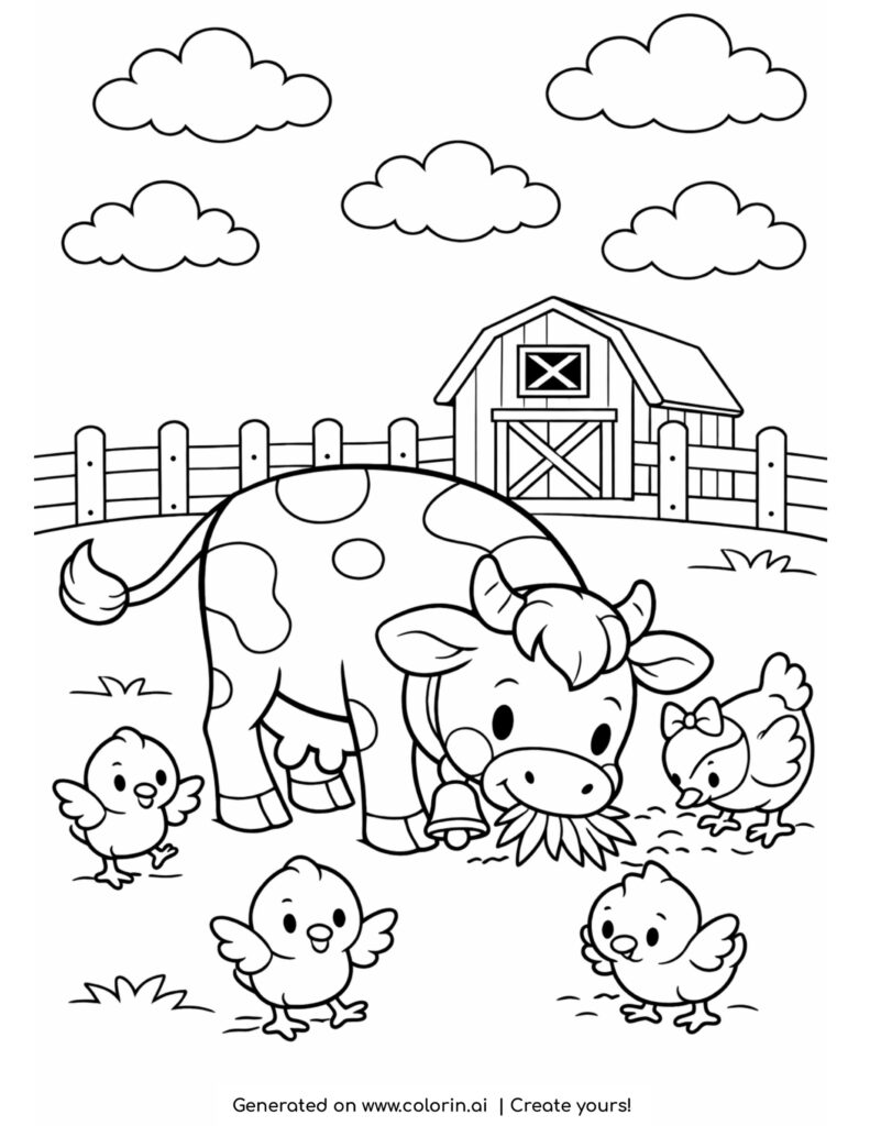 cow eating grass with chickens farm scene cute animals coloring page
