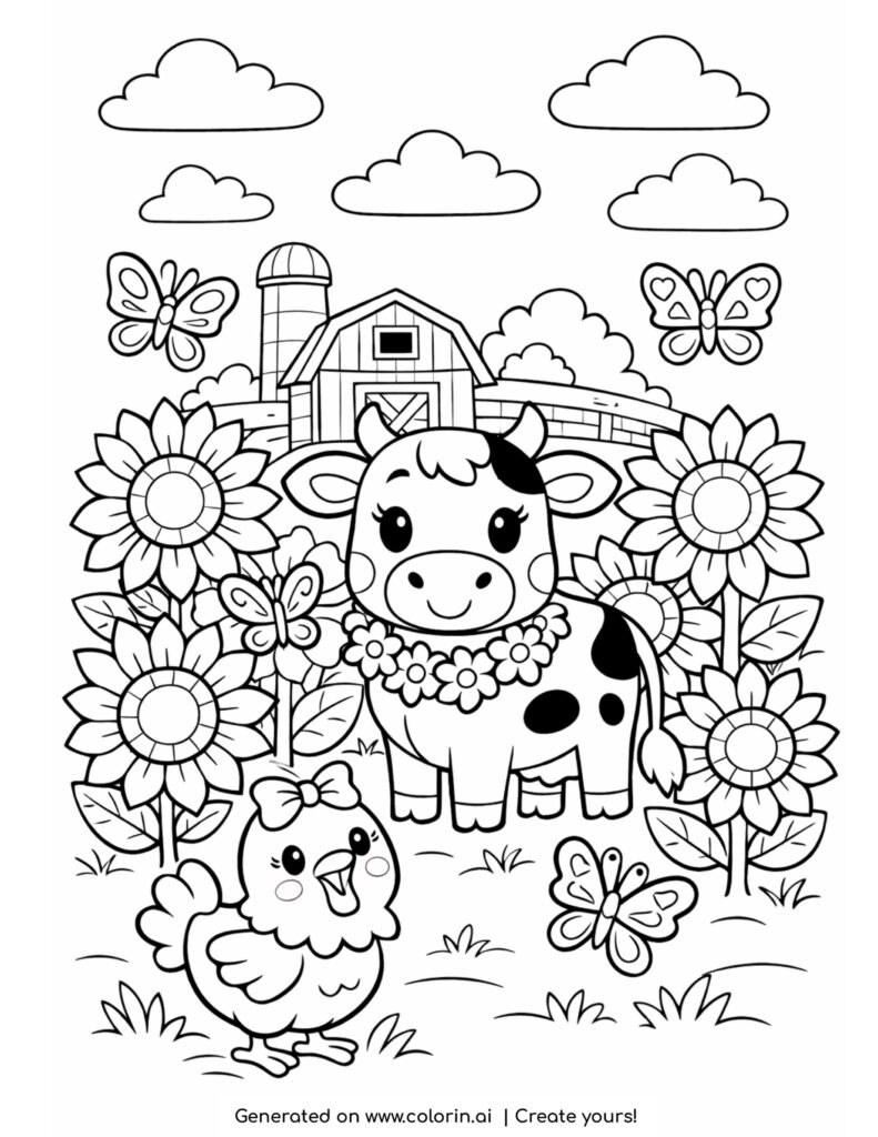 cow in sunflower field with butterflies coloring page with chicken and barn