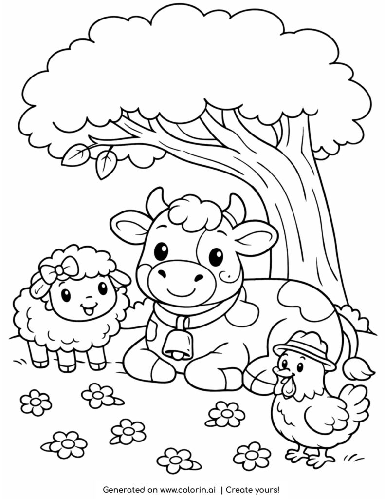 cow lying under tree with sheep and chicken cute farm scene coloring page