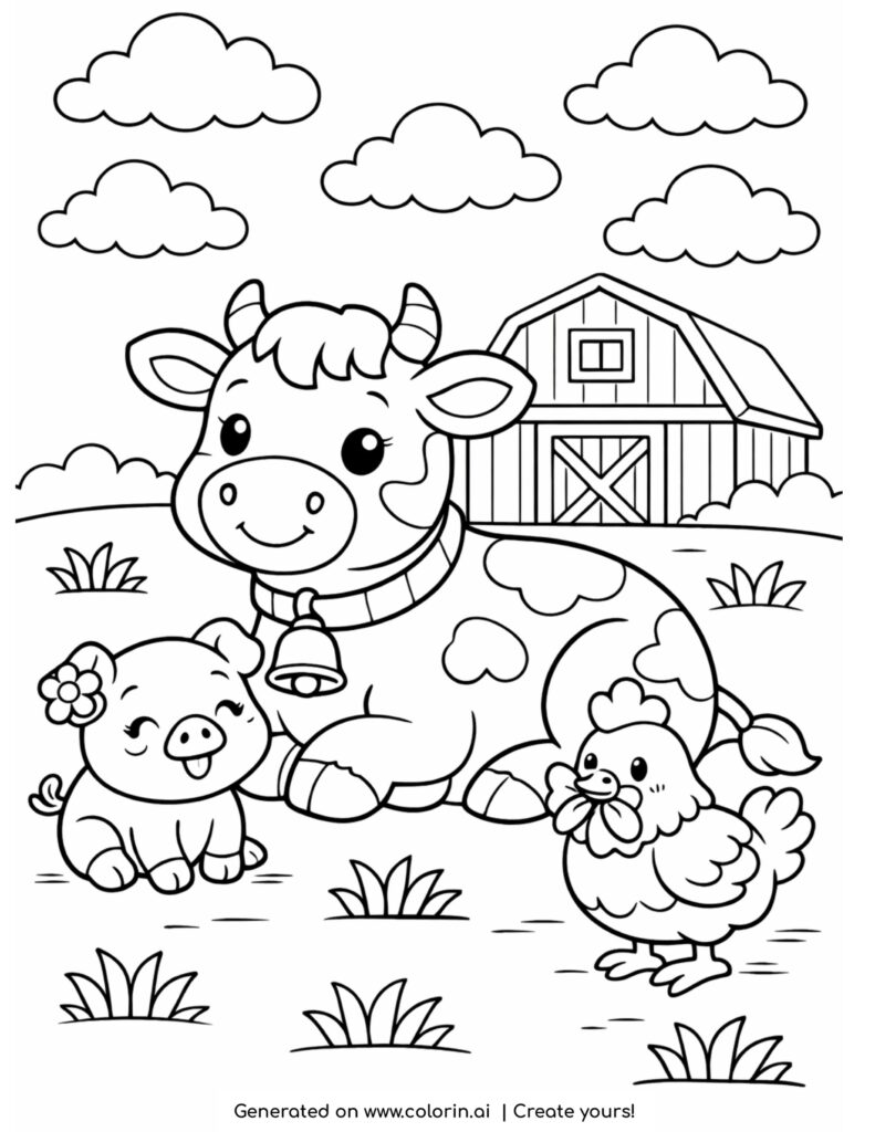 cow lying with pig and chicken cute farm animals scene coloring page