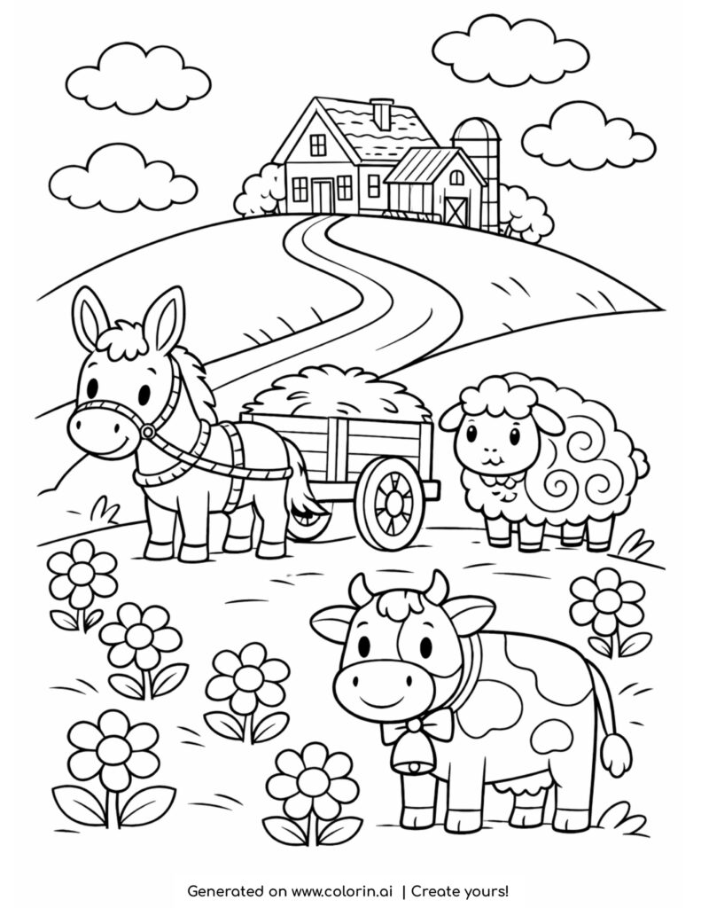 cow sheep and donkey on farm hill coloring page with house and flowers
