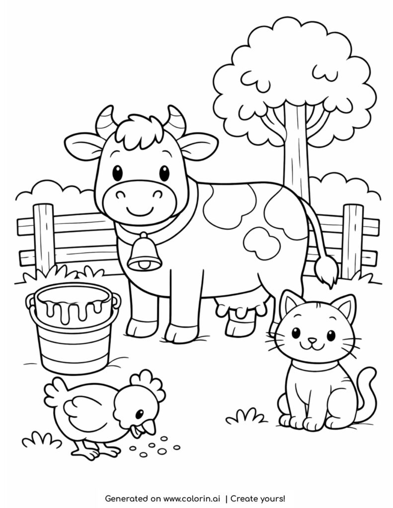 cow with milk bucket and cat coloring page with chicken and farm fence