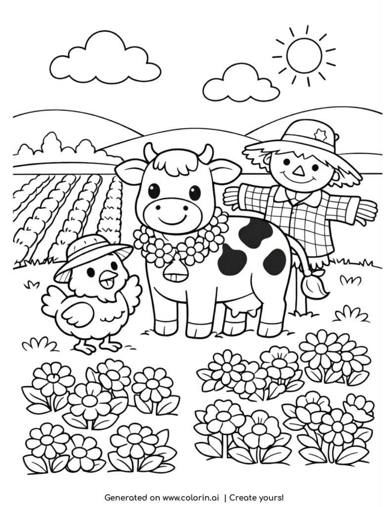 cow with scarecrow in flower field coloring page with chicken and crops