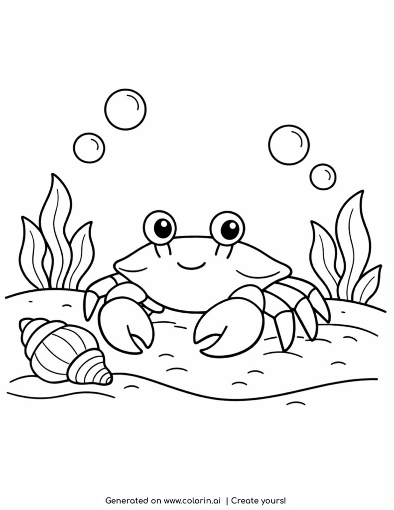 crab walking on sand with shell coloring page with seaweed and bubbles