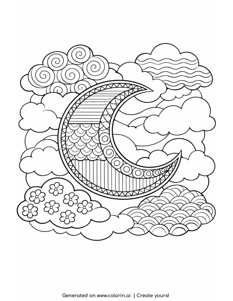 crescent moon in clouds coloring page with decorative patterns and soft shapes