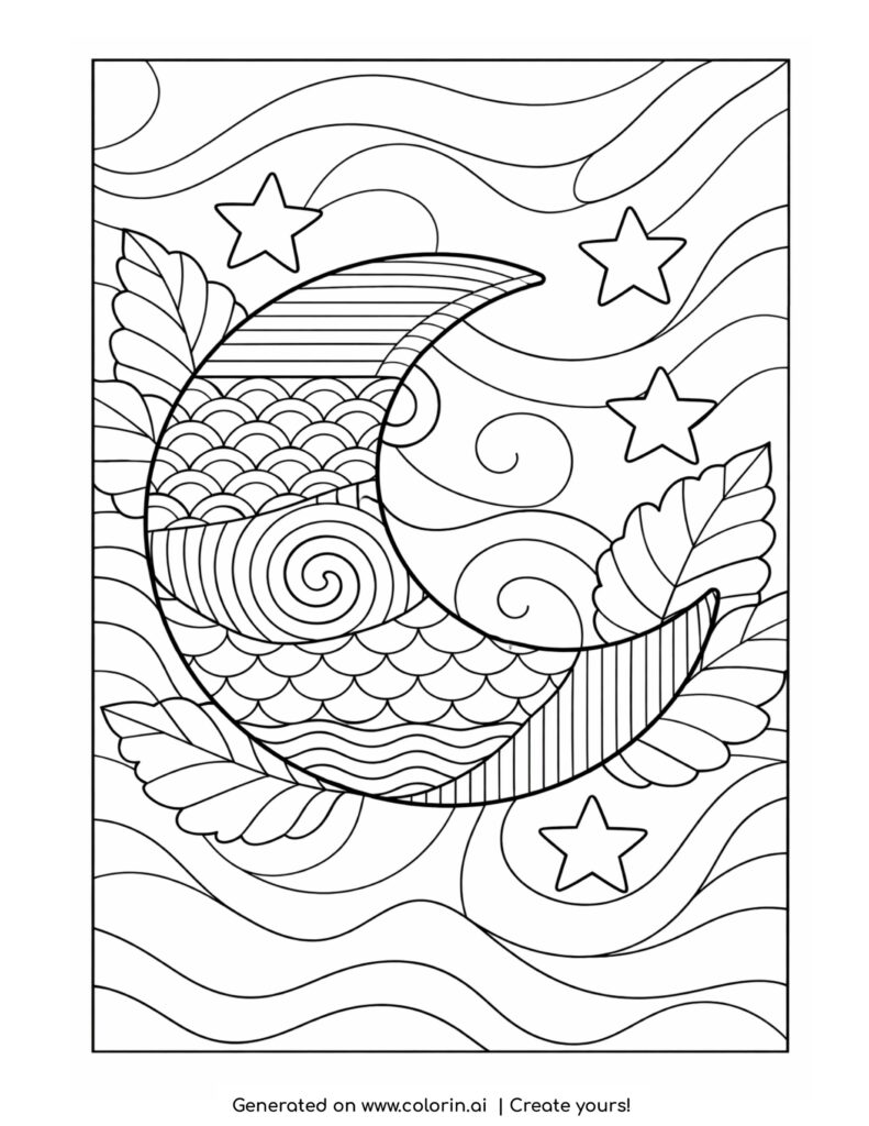 crescent moon with stars and leaves coloring page with patterns and flowing lines