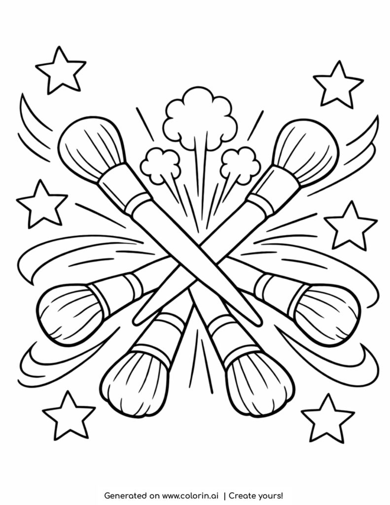 crossed makeup brushes with stars coloring page with powder bursts and decorative lines