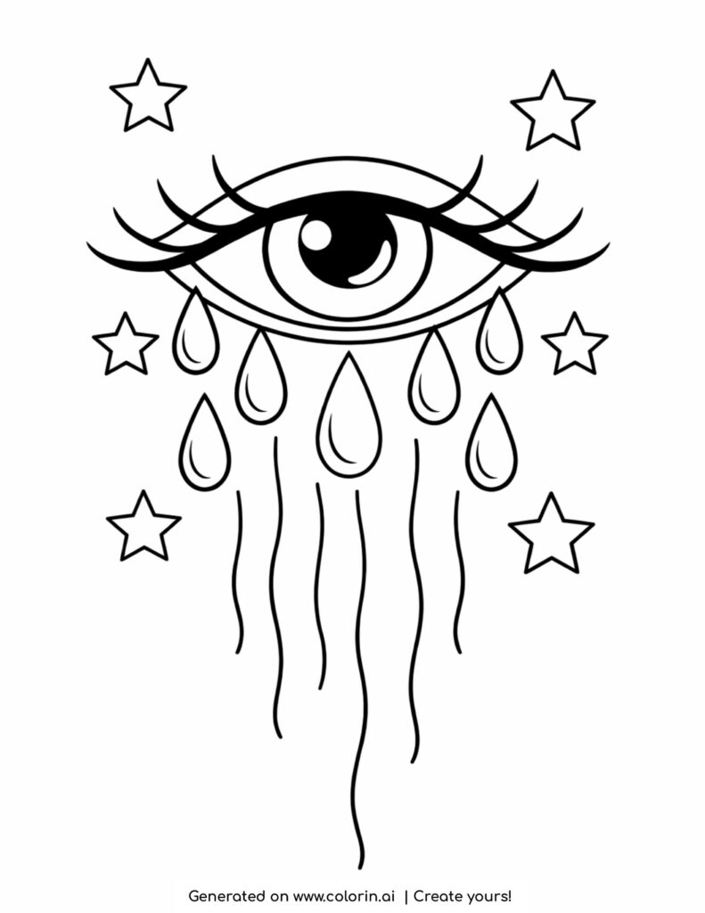 crying eye with falling tears coloring page with stars and flowing lines