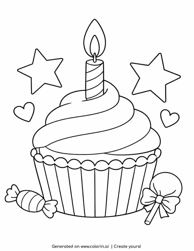 cupcake with candle and stars coloring page with candy and hearts around
