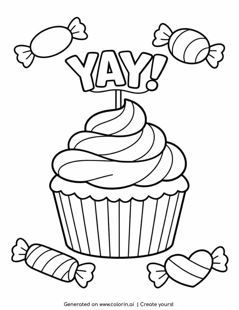 cupcake with yay topper and candies coloring page with swirled frosting and sweets