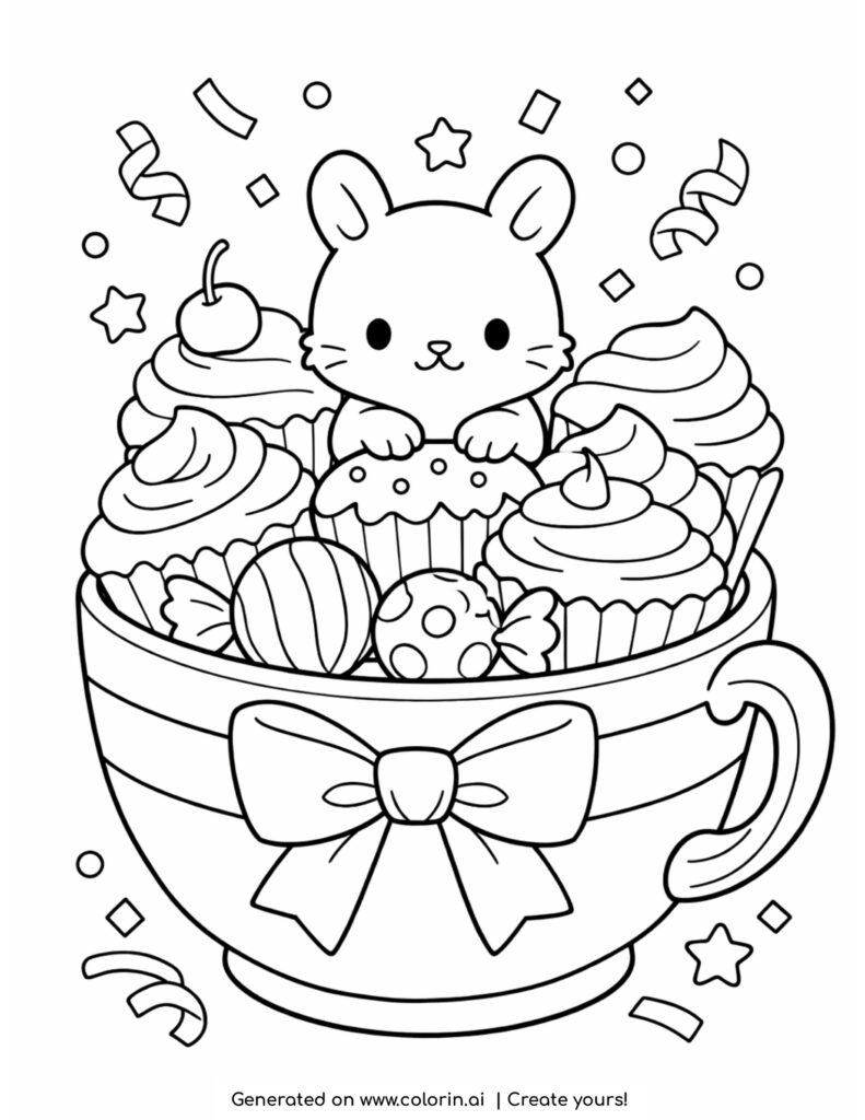 cute animal in teacup with cupcakes coloring page with candies and confetti coloring page