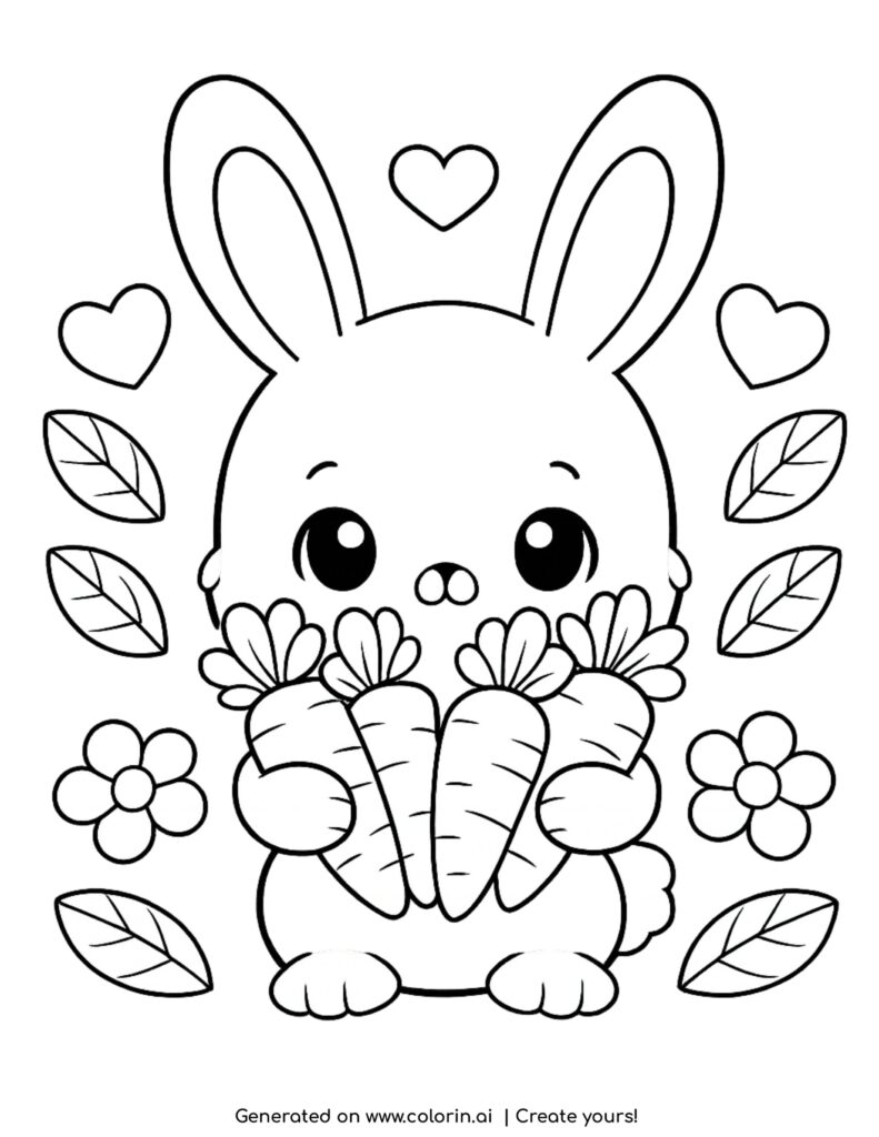 cute bunny holding carrots coloring page with hearts flowers and leaves around