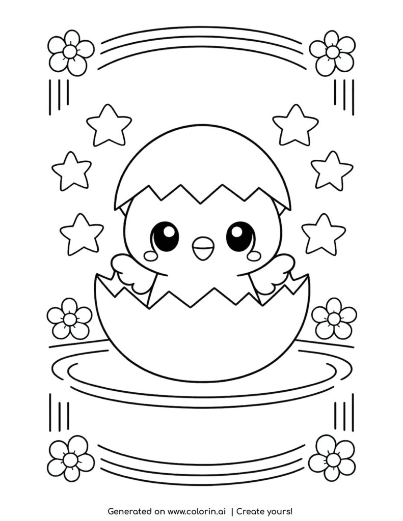 cute chick hatching from egg coloring page with stars flowers and decorative lines