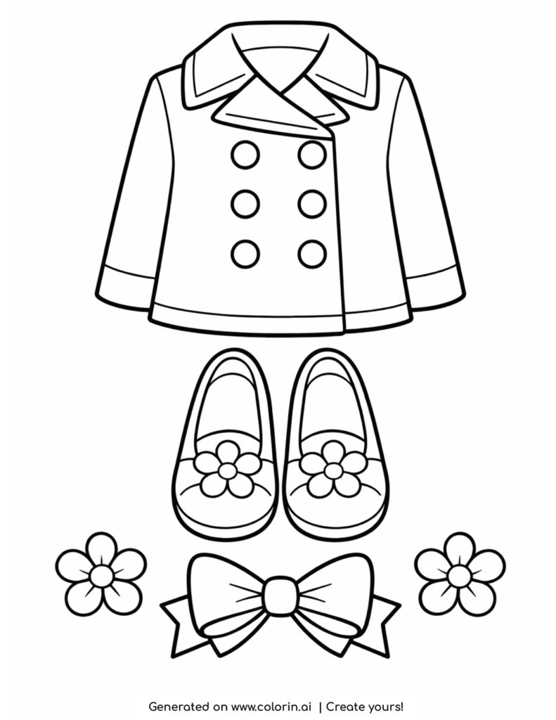 cute short coat with buttons shoes and bow coloring page
