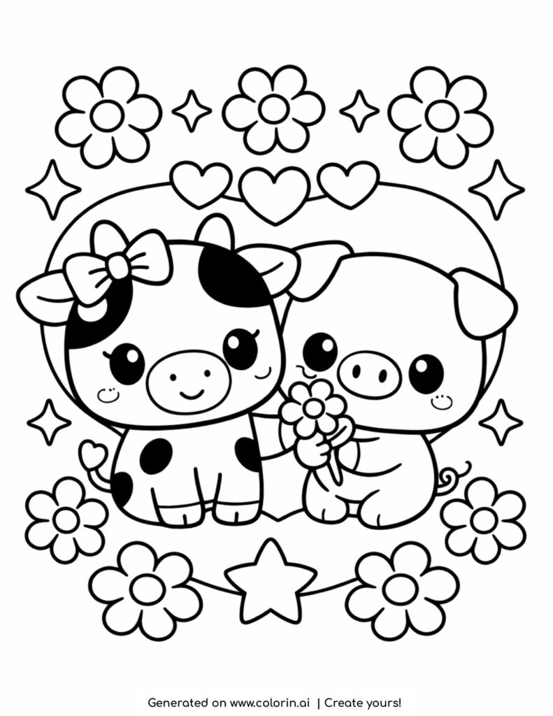 cute cow and pig together coloring page with flowers hearts and stars around