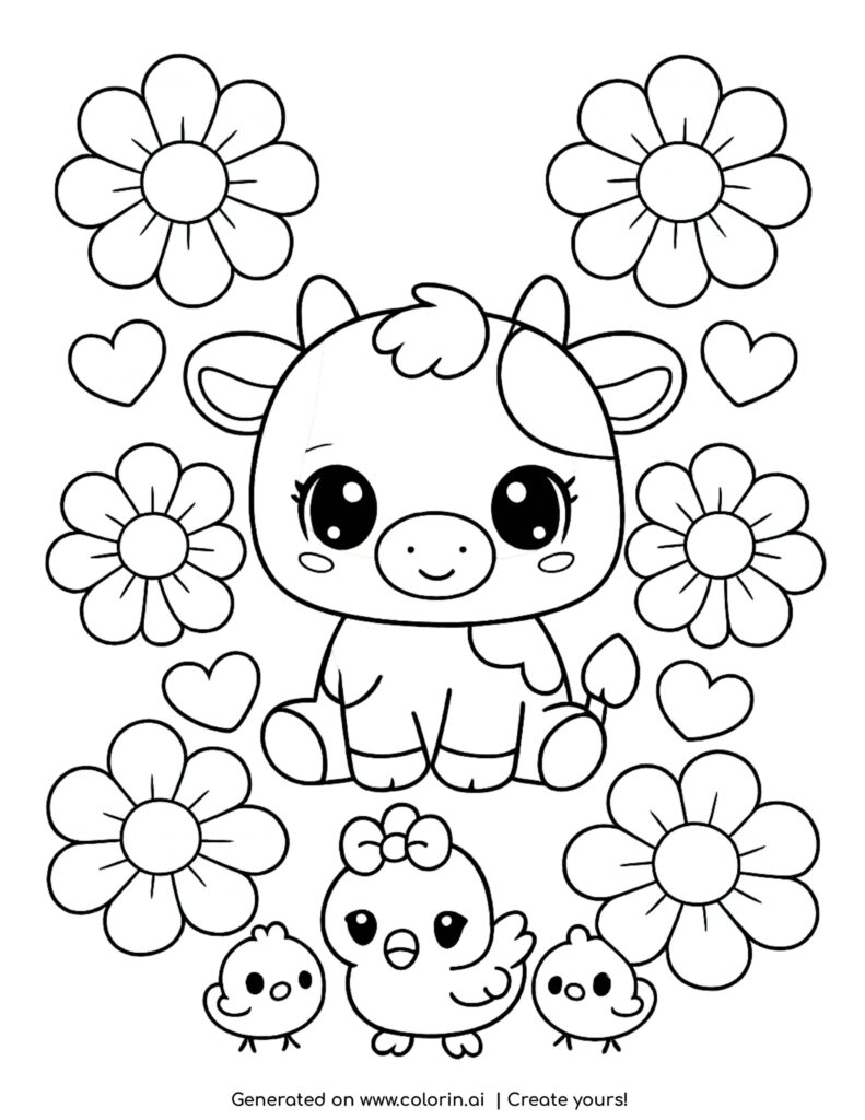 cute cow with flowers and hearts coloring page with chick and small birds