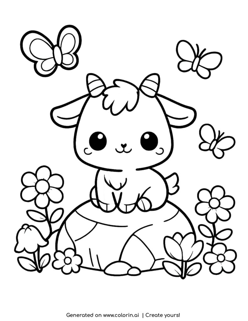 cute goat sitting on rock coloring page with flowers and butterflies around