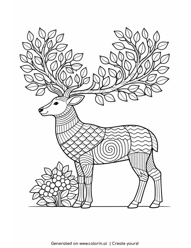 deer with leafy antlers coloring page with patterned body and branches