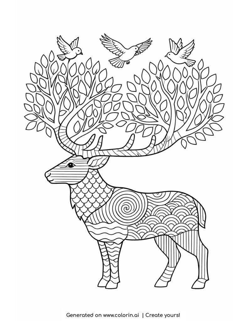 deer with tree antlers and birds coloring page with patterned body and leafy branches