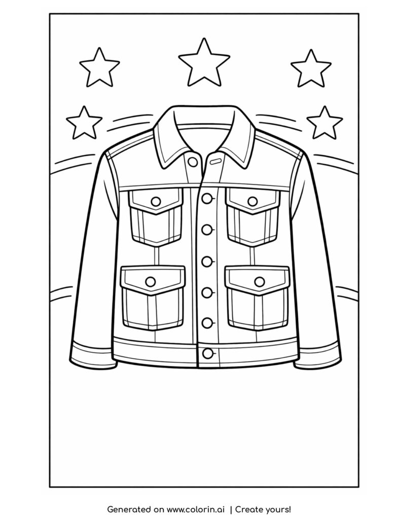 denim jacket with pockets and stars background coloring page