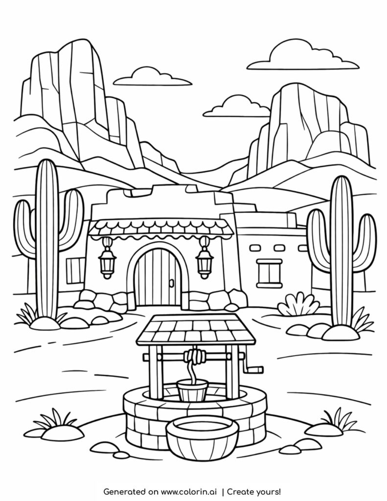 desert houses with cacti landscape coloring page simple desert village scene