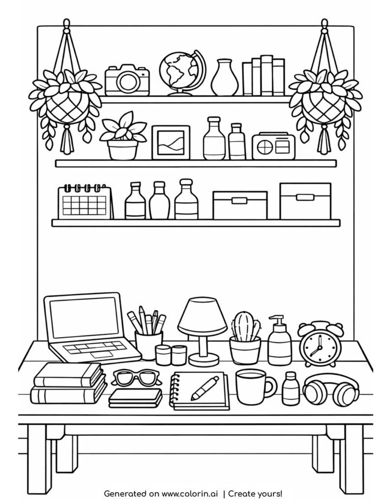 desk with shelves and decor items coloring page with books and plants