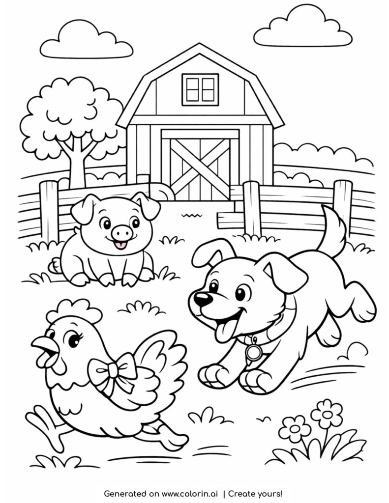 dog chasing chicken in farmyard coloring page with pig barn and fence