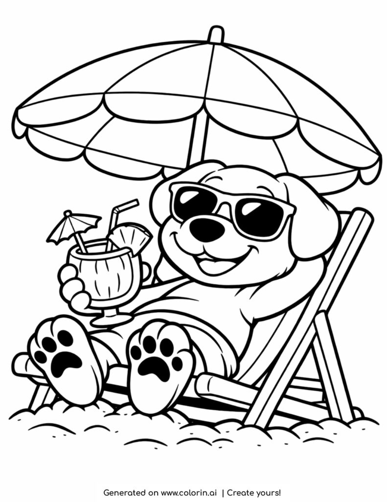 dog relaxing on beach chair coloring page with sunglasses and drink under umbrella