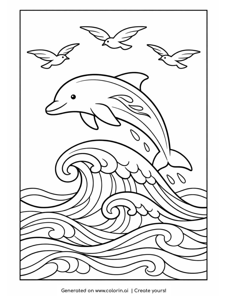 dolphin jumping over waves coloring page with seagulls and stylized ocean