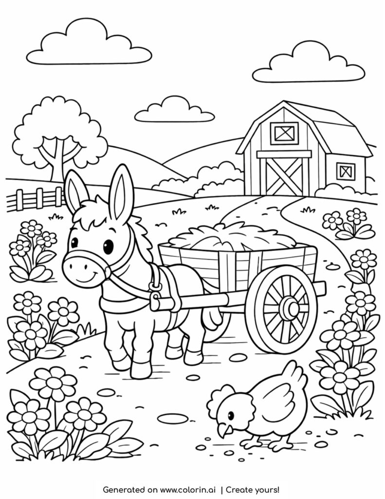 donkey pulling cart on flower path coloring page with barn and chicken